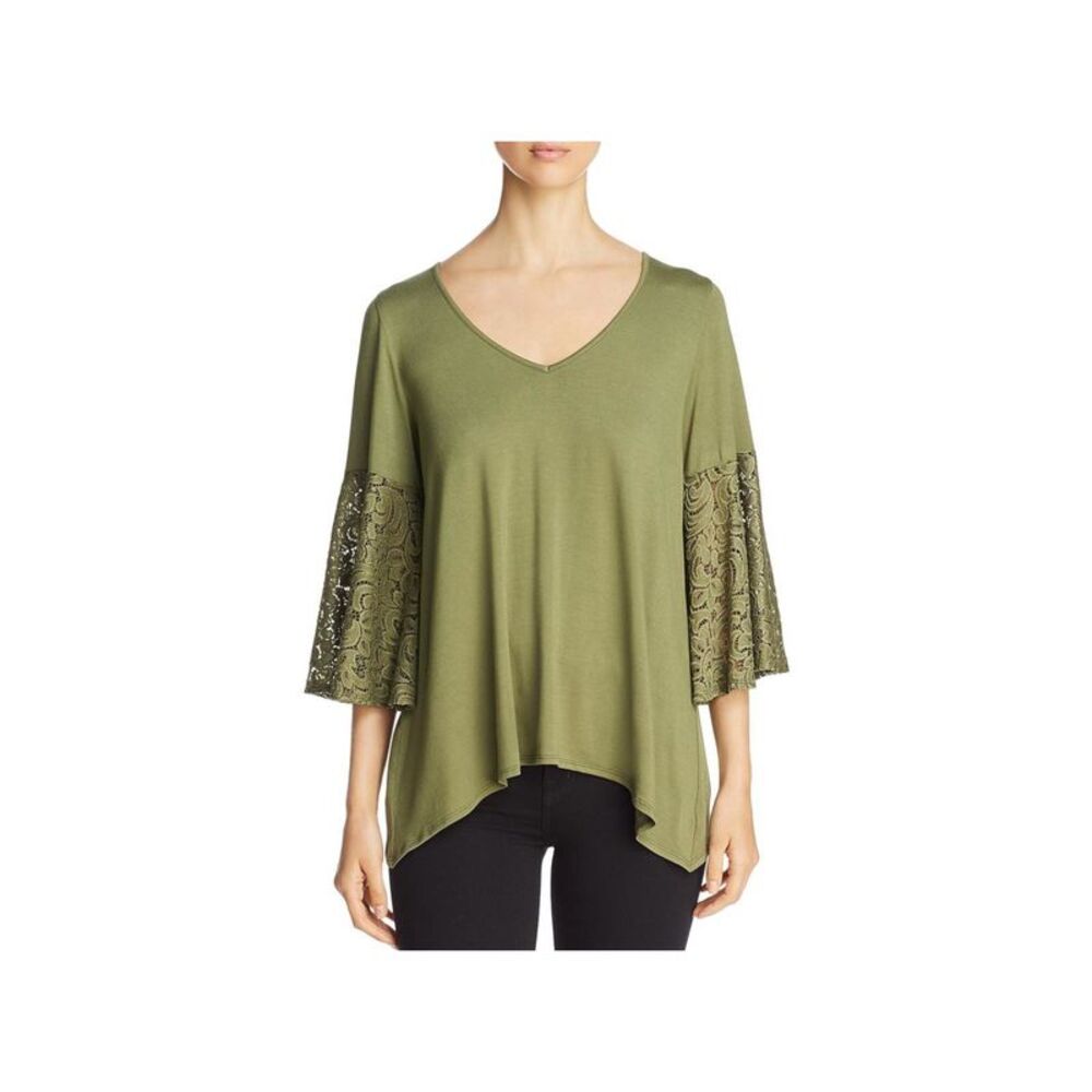 STATUS BY CHENAULT Womens Green Pullover Styling Bell Sleeve V Neck Blouse M